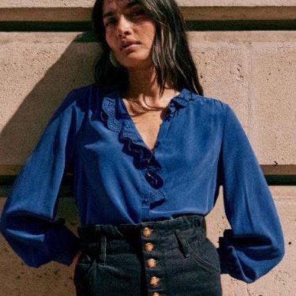 Sézane Chlo Silk Blouse Electric Blue Sz 34 NWT - Picture 2 of 7